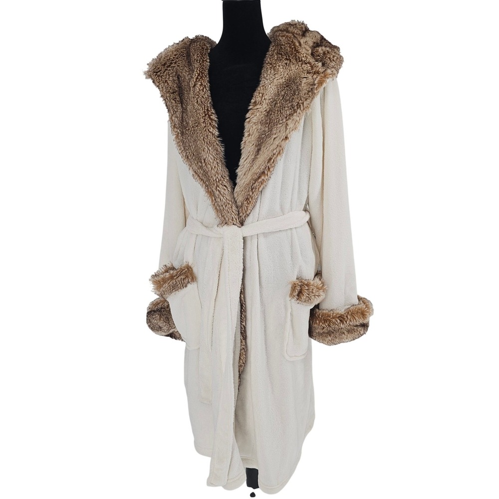 Pottery Barn Ivory Plush Faux Fur Trim Hooded Robe‎ Unisex Large Luxury Spa